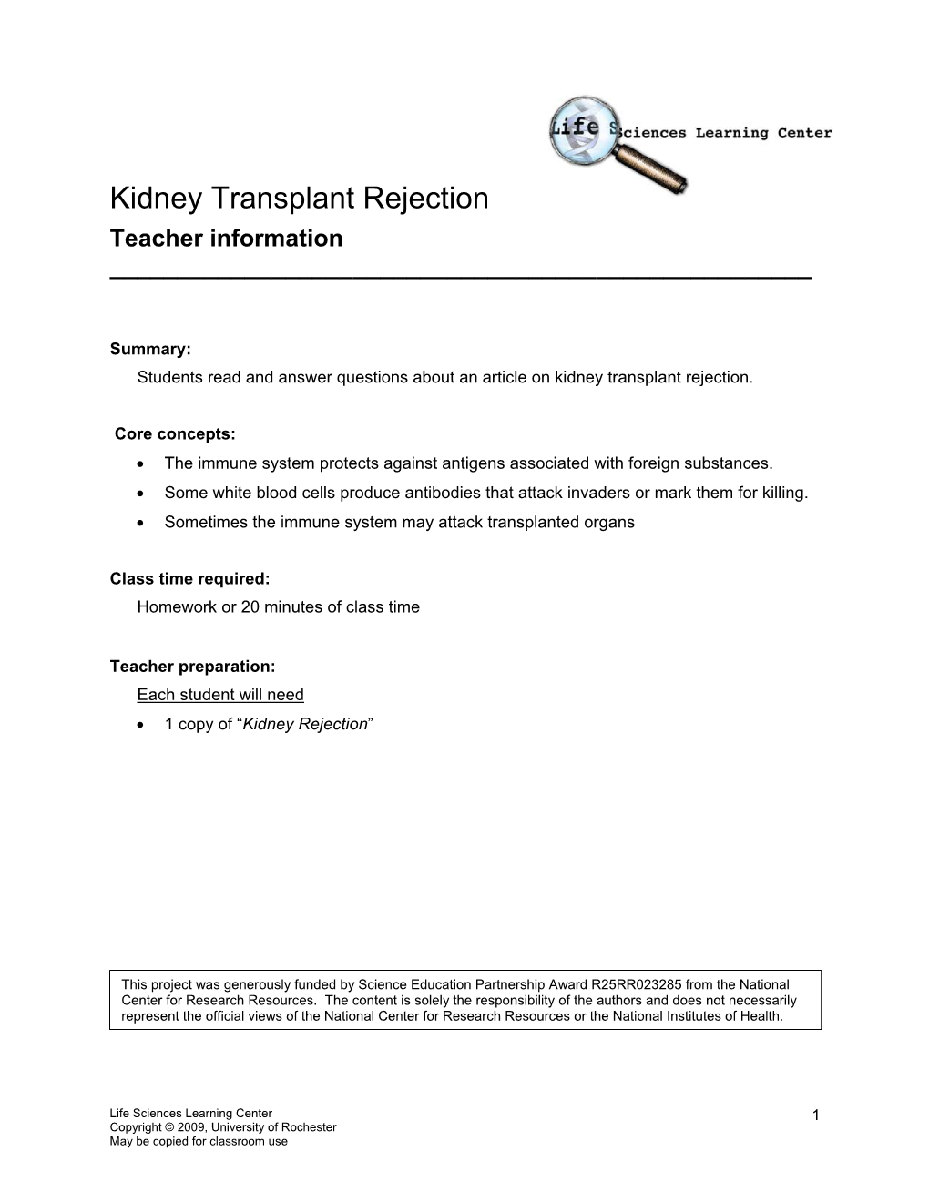 Kidney Transplant Rejection Teacher Information ______