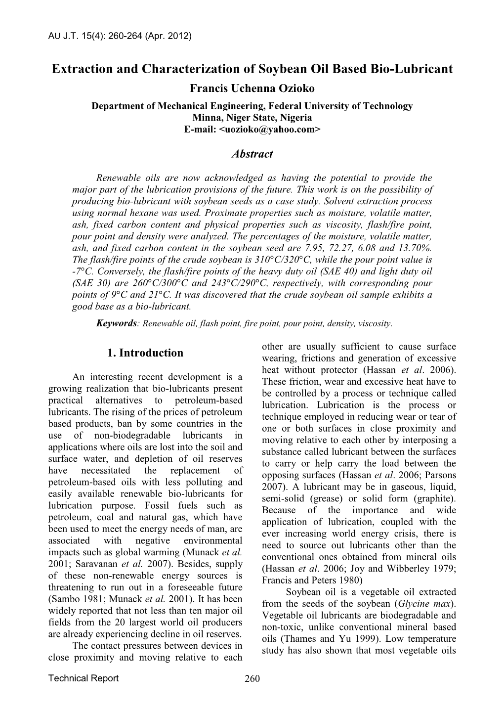 Extraction and Characterization of Soybean Oil Based Bio-Lubricant