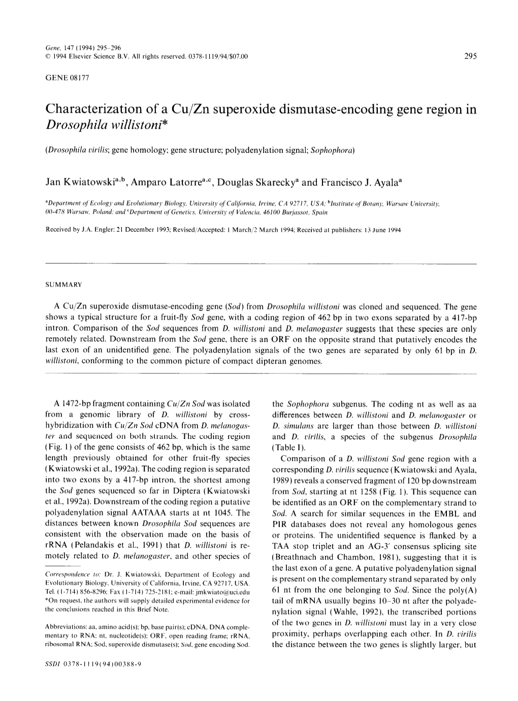 Characterization of a Cu/Zn Superoxide Dismutase-Encoding Gene Region in Drosophila Willistoni*