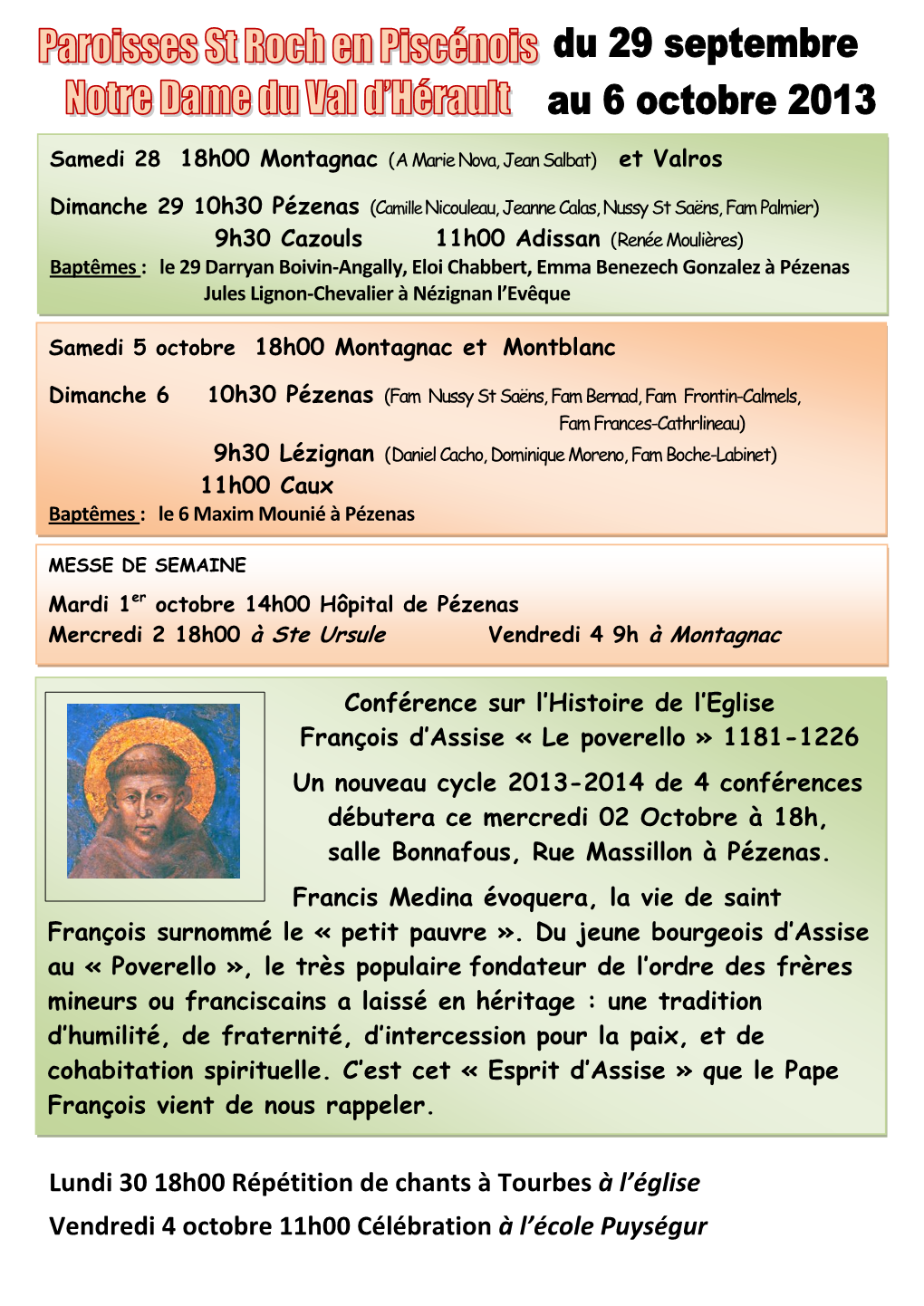 Lundi 30 18H00 Répétition De Chants À Tourbes À L'église Vendredi 4