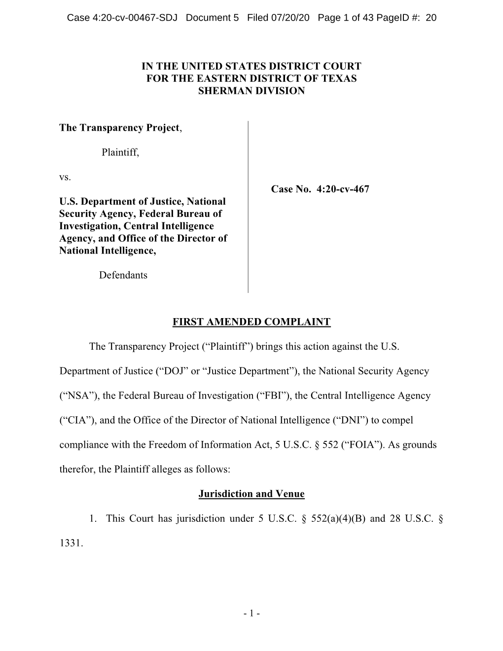 Case 4:20-Cv-00467-SDJ Document 5 Filed 07/20/20 Page 1 of 43 Pageid #: 20