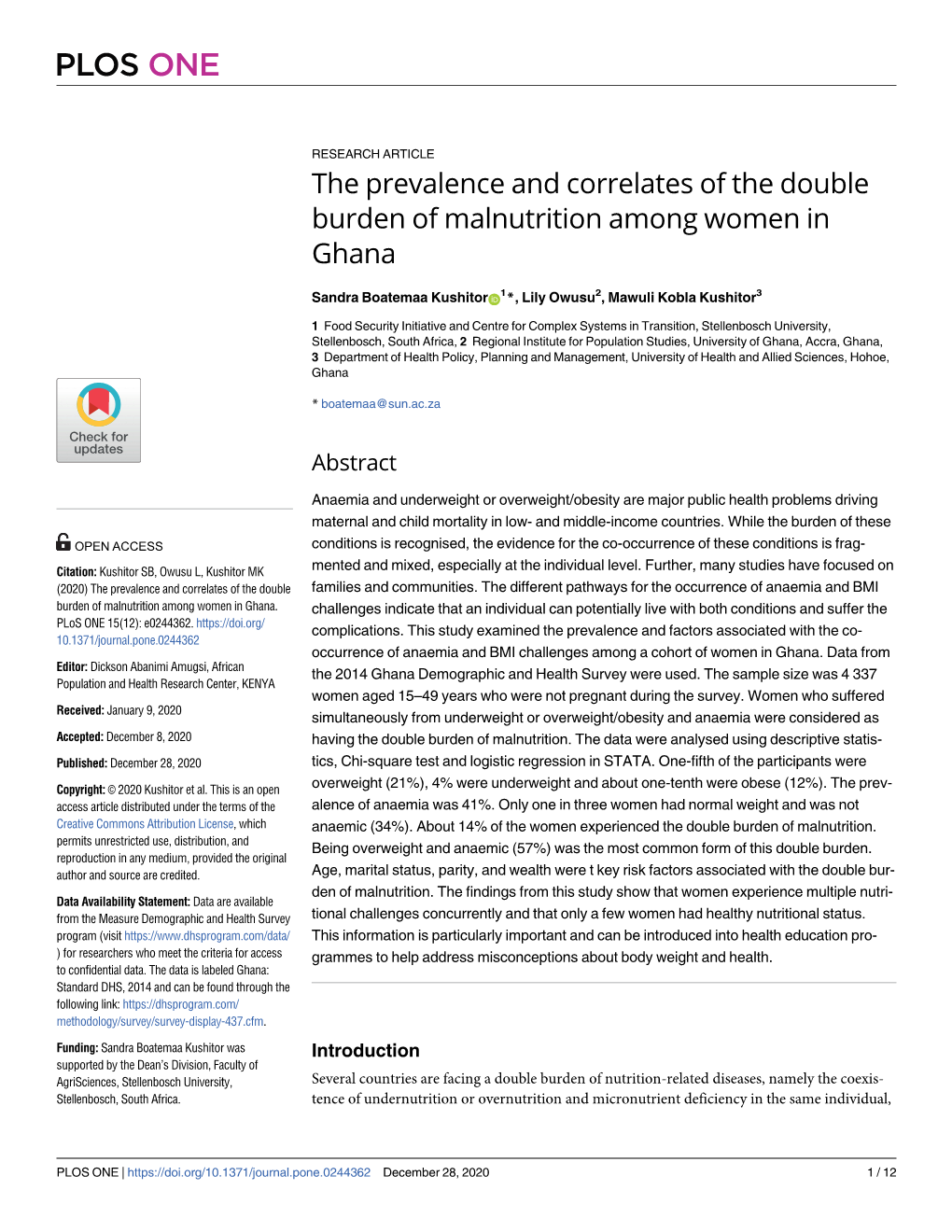 The Prevalence and Correlates of the Double Burden of Malnutrition Among Women in Ghana