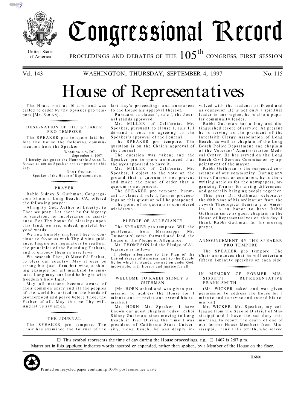 Congressional Record United States Th of America PROCEEDINGS and DEBATES of the 105 CONGRESS, FIRST SESSION