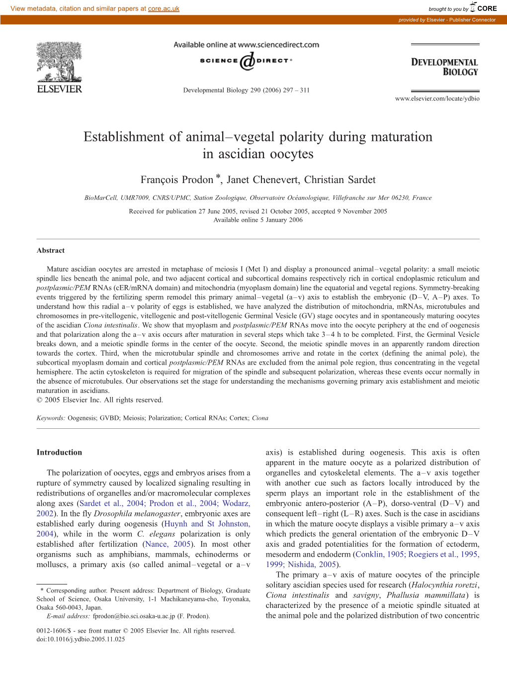 Establishment of Animal–Vegetal Polarity During Maturation in Ascidian Oocytes