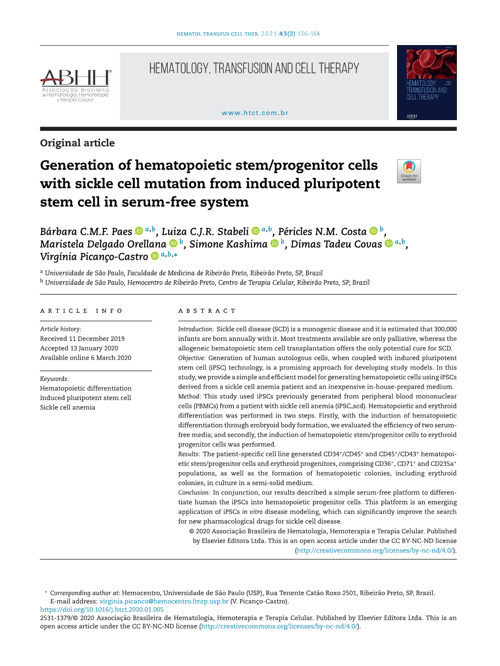 Generation of Hematopoietic Stem/Progenitor Cells with Sickle Cell Mutation from Induced Pluripotent Stem Cell in Serum-Free