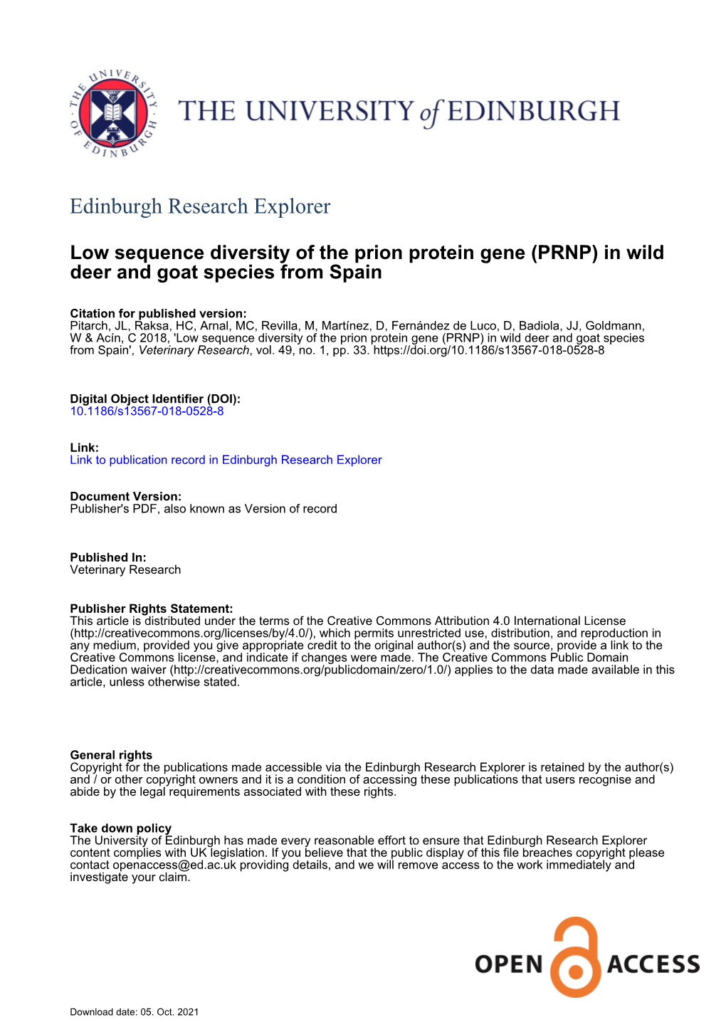 Low Sequence Diversity of the Prion Protein Gene (PRNP) in Wild Deer and Goat Species from Spain