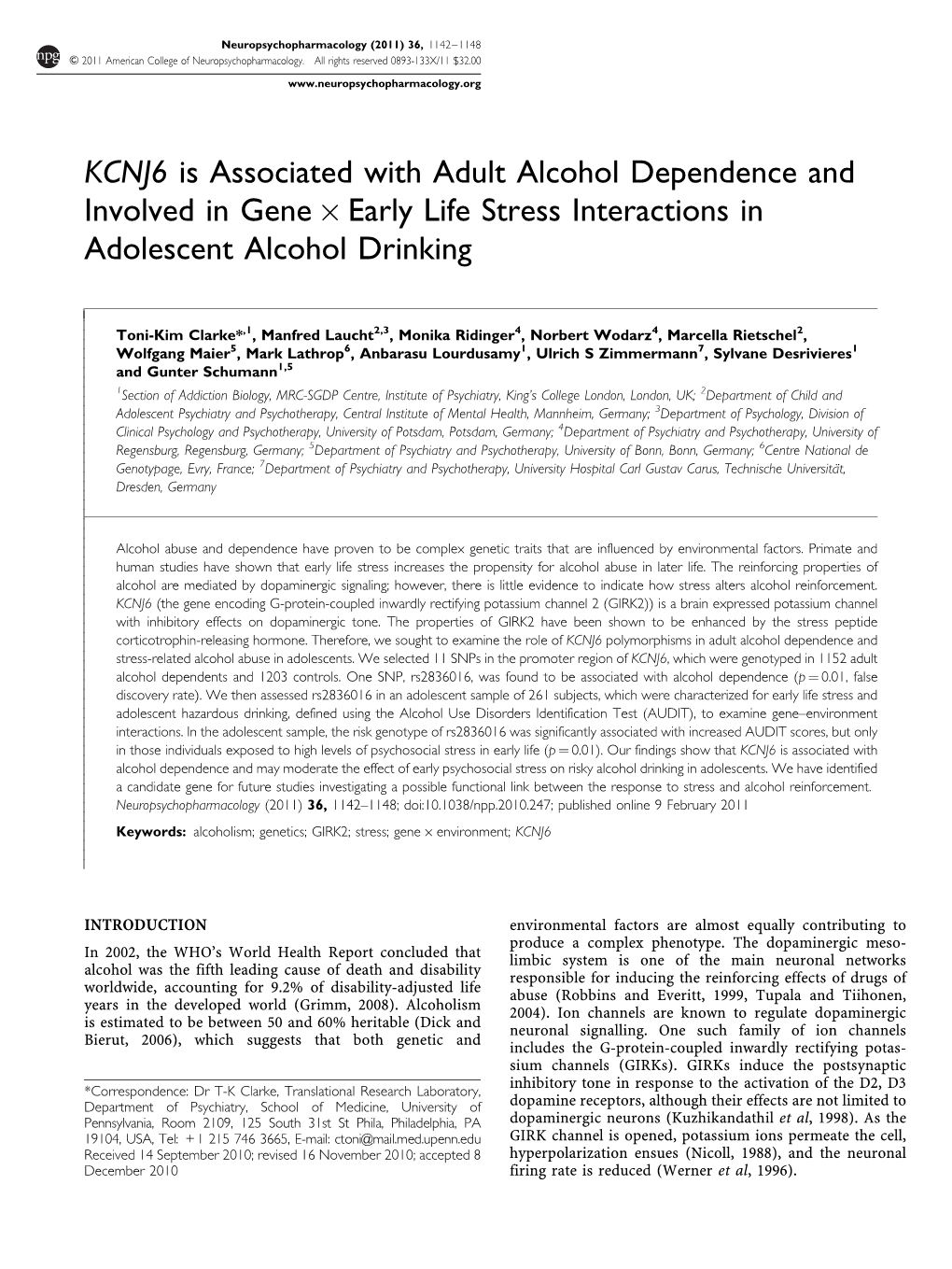 KCNJ6 Is Associated with Adult Alcohol Dependence and Involved in Gene &Times