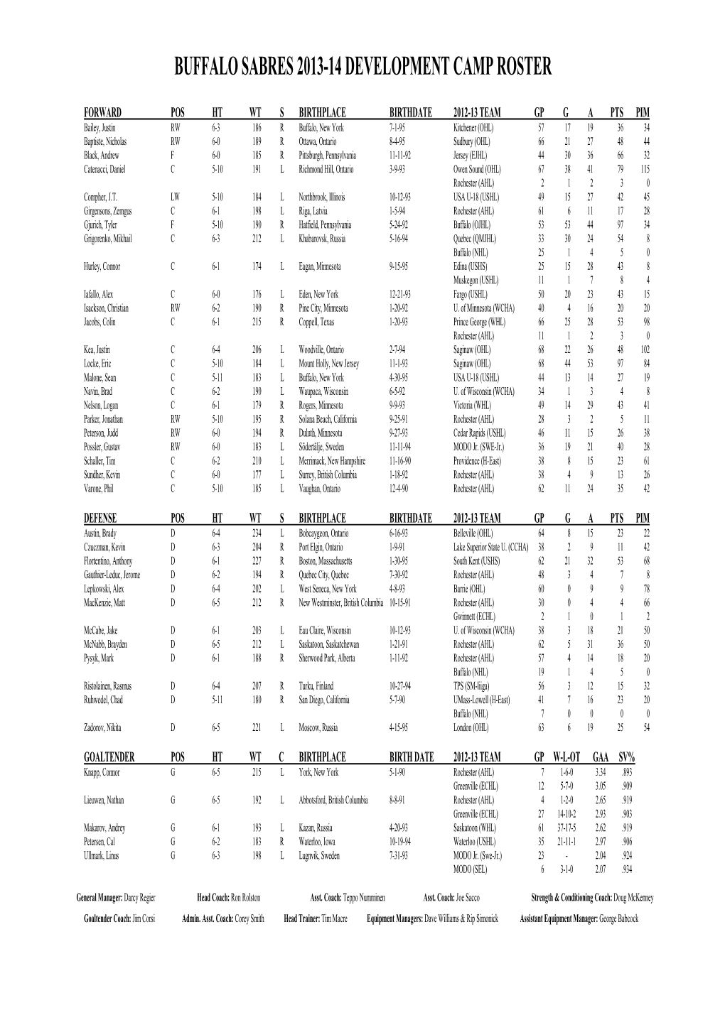 Buffalo Sabres 2013-14 Development Camp Roster