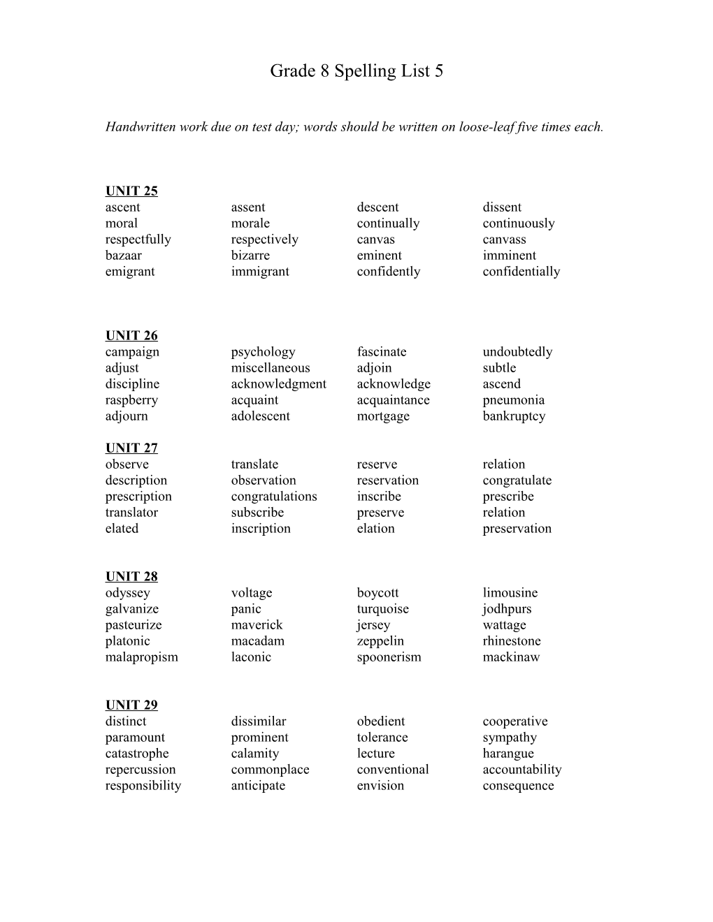 Grade 7 Spelling Lists