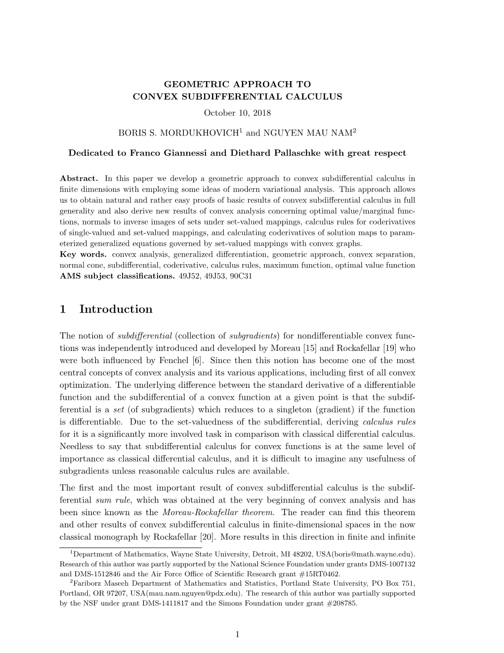 GEOMETRIC APPROACH to CONVEX SUBDIFFERENTIAL CALCULUS October 10, 2018