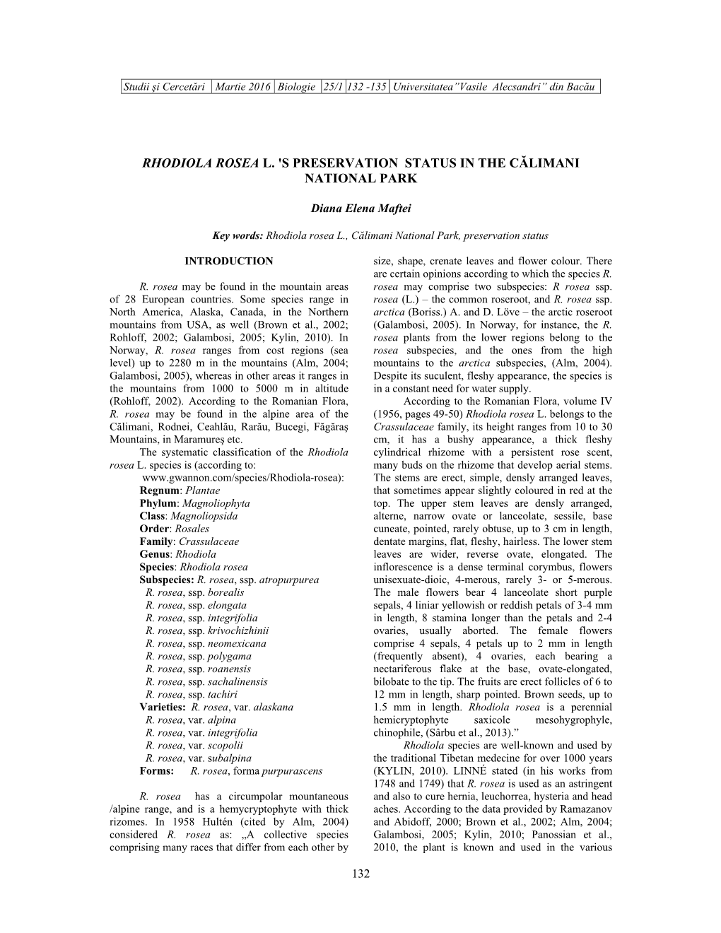 Rhodiola Rosea L. 'S Preservation Status in the Călimani National Park