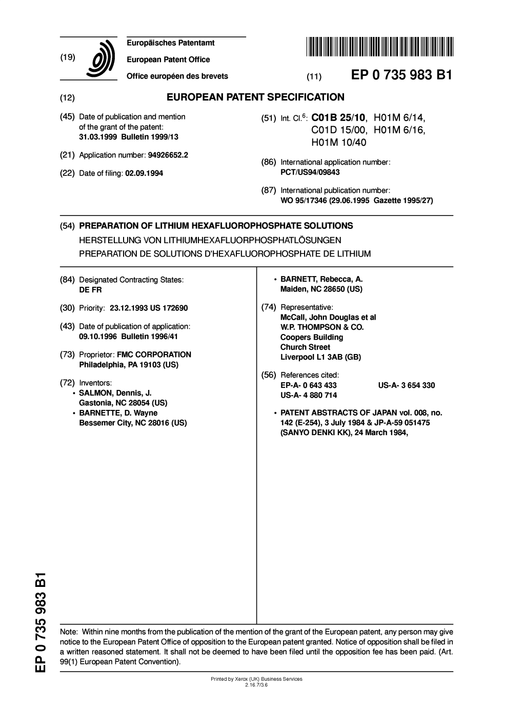 Preparation of Lithium Hexafluorophosphate Solutions Herstellung Von Lithiumhexafluorphosphatlosungen Preparation De Solutions D'hexafluorophosphate De Lithium