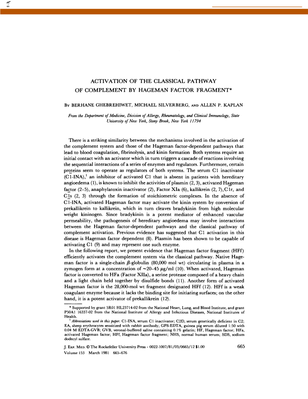 Activation of the Classical Pathway of Complement by Hageman Factor Fragment*