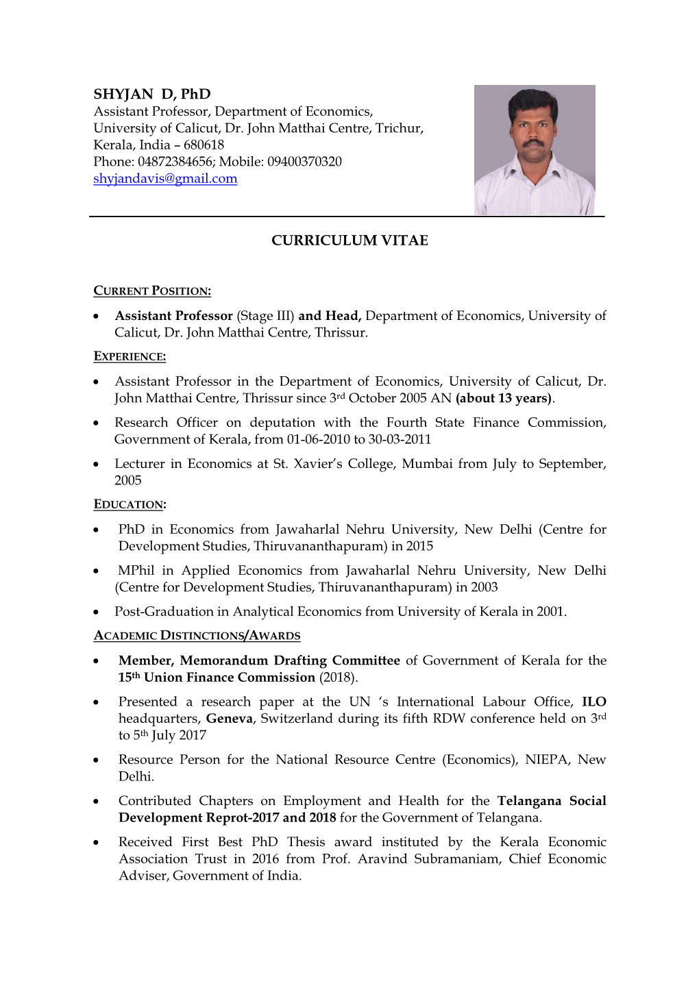 SHYJAN D, Phd CURRICULUM VITAE