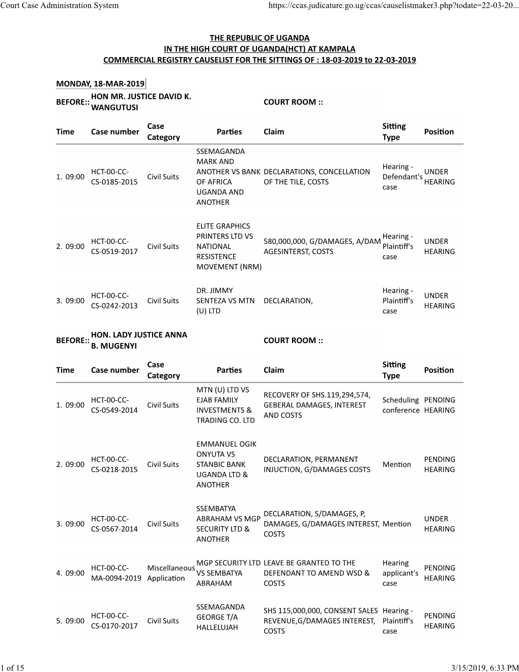 THE REPUBLIC of UGANDA in the HIGH COURT of UGANDA(HCT) at KAMPALA COMMERCIAL REGISTRY CAUSELIST for the SITTINGS of : 18-03-2019 to 22-03-2019