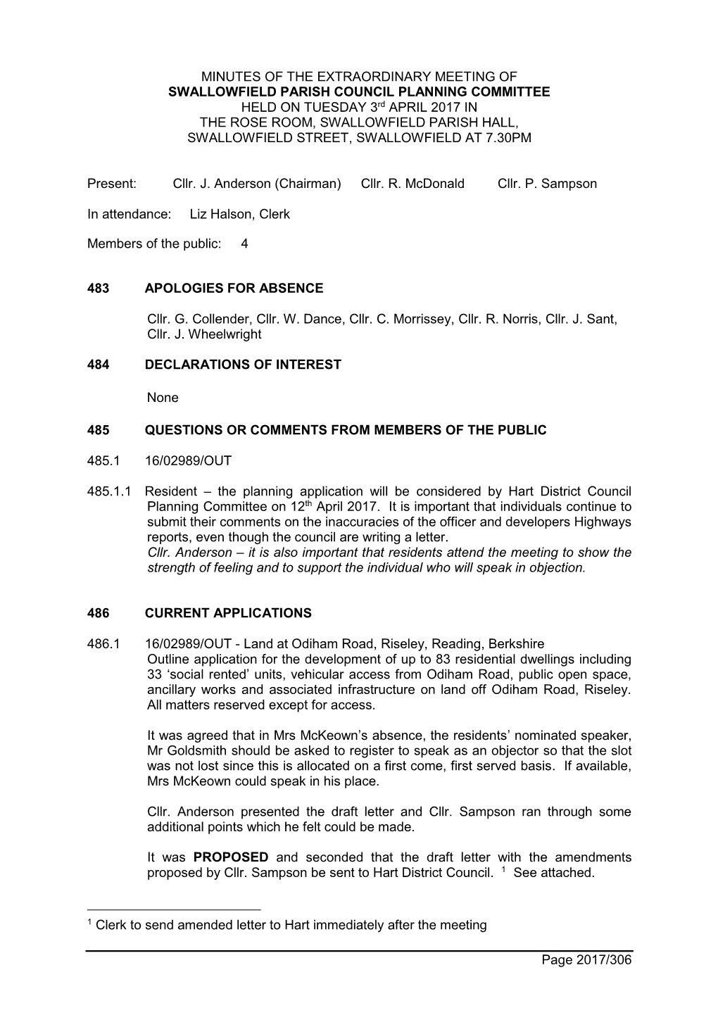 Page 2017/306 MINUTES of the EXTRAORDINARY MEETING of SWALLOWFIELD PARISH COUNCIL PLANNING COMMITTEE HELD on TUESDAY 3Rd APRIL 2