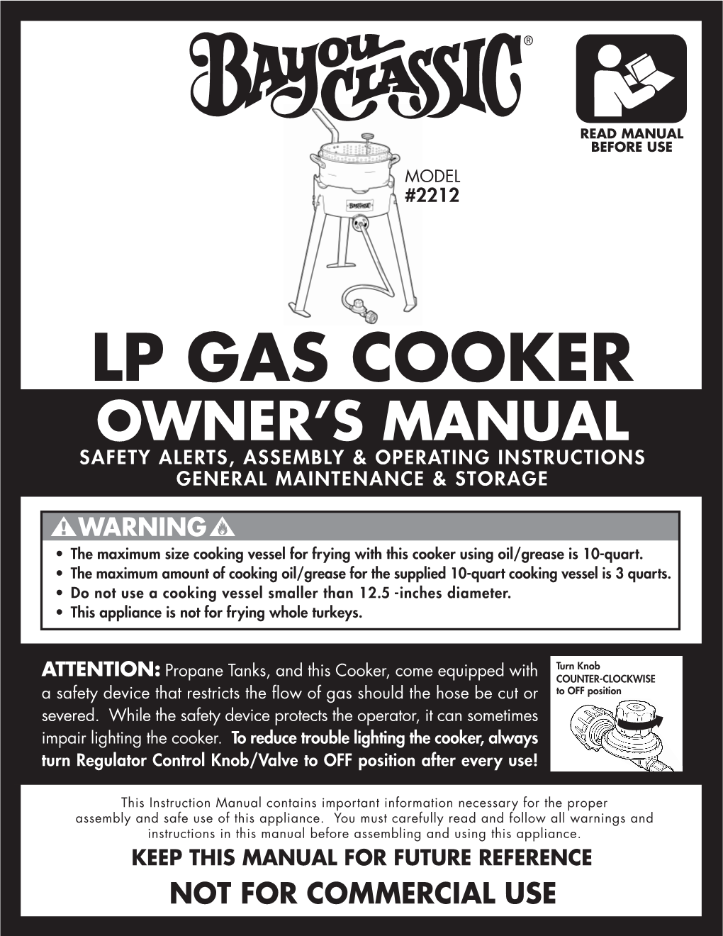 Lp Gas Cooker Owner’S Manual Safety Alerts, Assembly & Operating Instructions General Maintenance & Storage