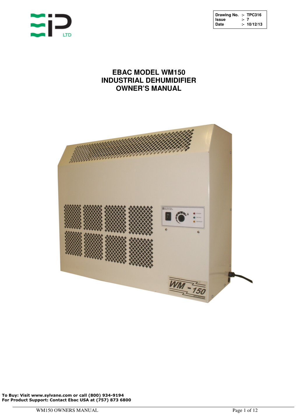 Ebac Model Wm150 Industrial Dehumidifier Owner's Manual