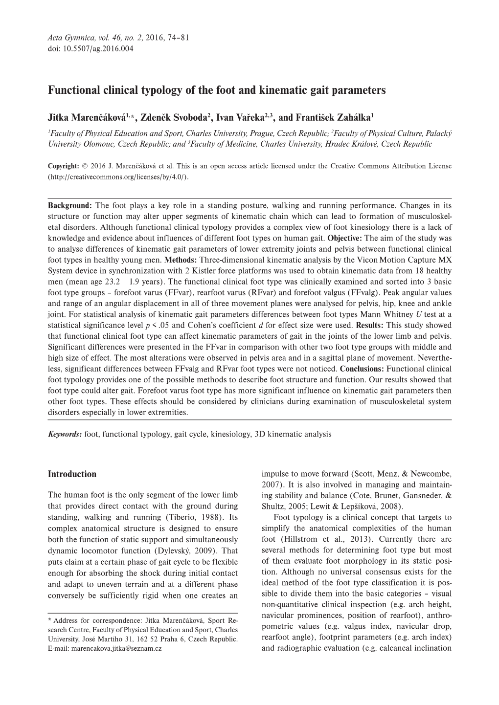 Functional Clinical Typology of the Foot and Kinematic Gait Parameters