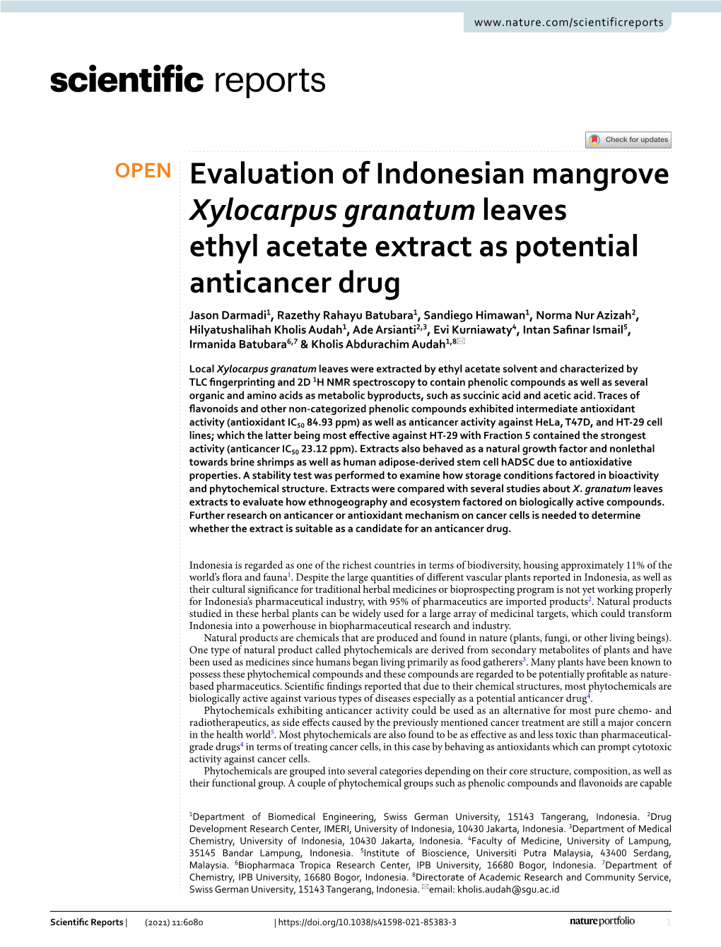 Evaluation of Indonesian Mangrove Xylocarpus Granatum Leaves Ethyl