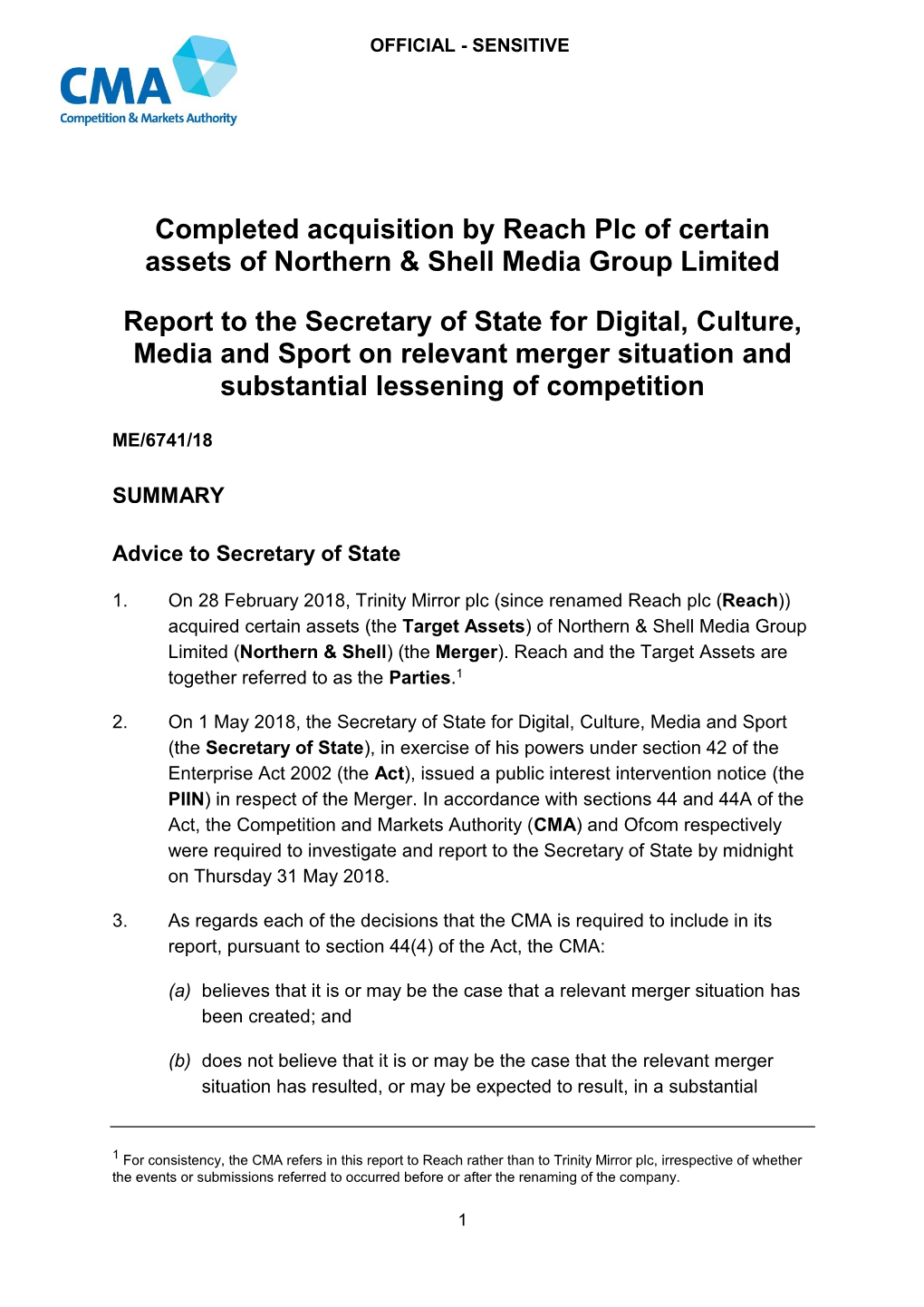 Completed Acquisition by Reach Plc of Certain Assets of Northern & Shell