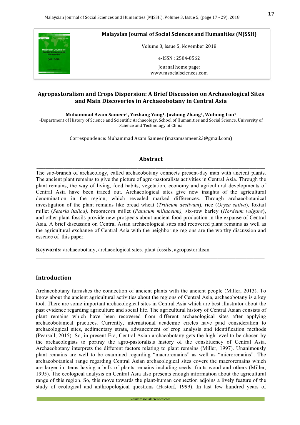 A Brief Discussion on Archaeological Sites and Main Discoveries in Archaeobotany in Central Asia