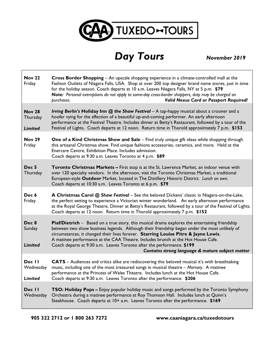 Day Tours November 2019