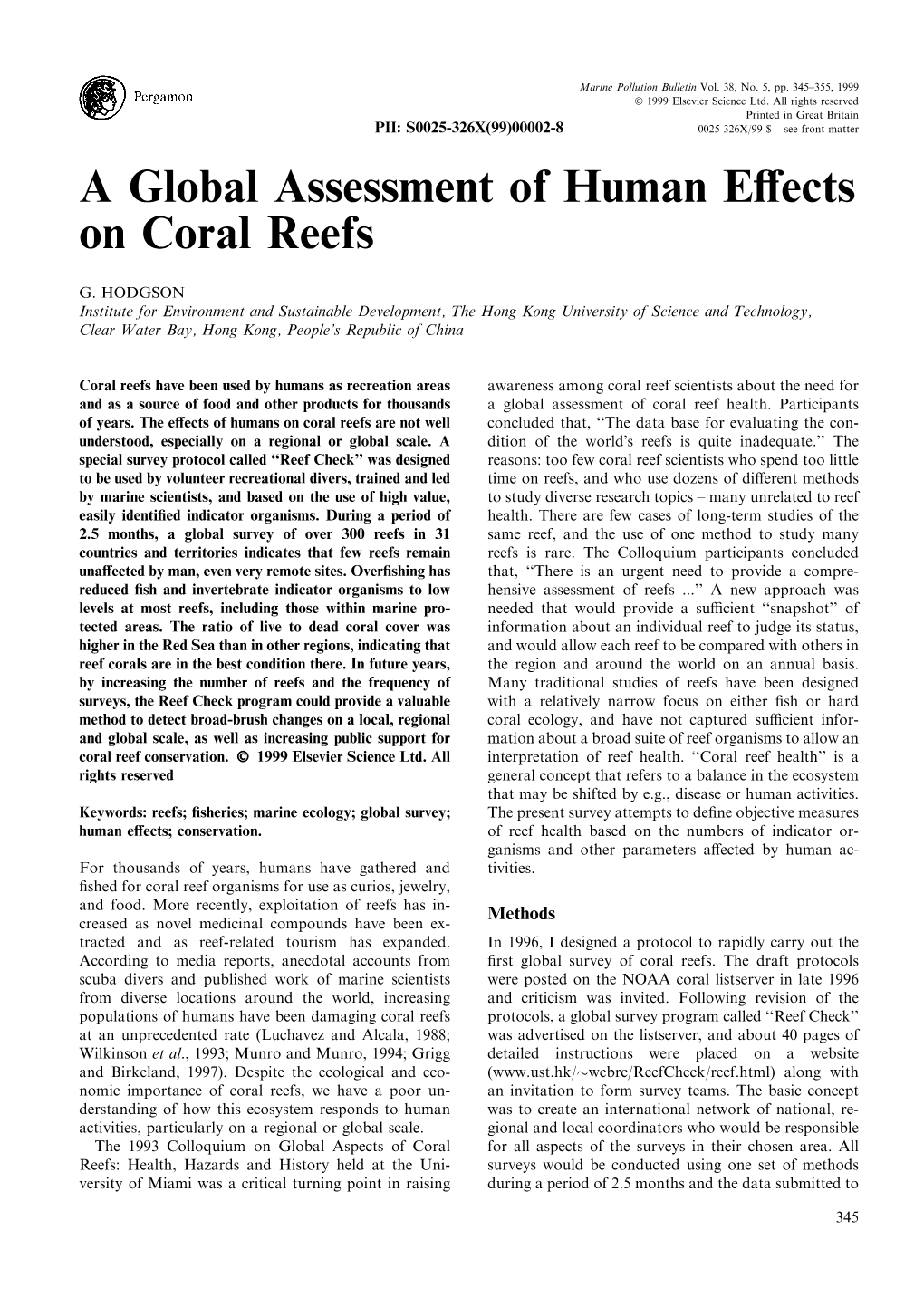 A Global Assessment of Human Eäects on Coral Reefs