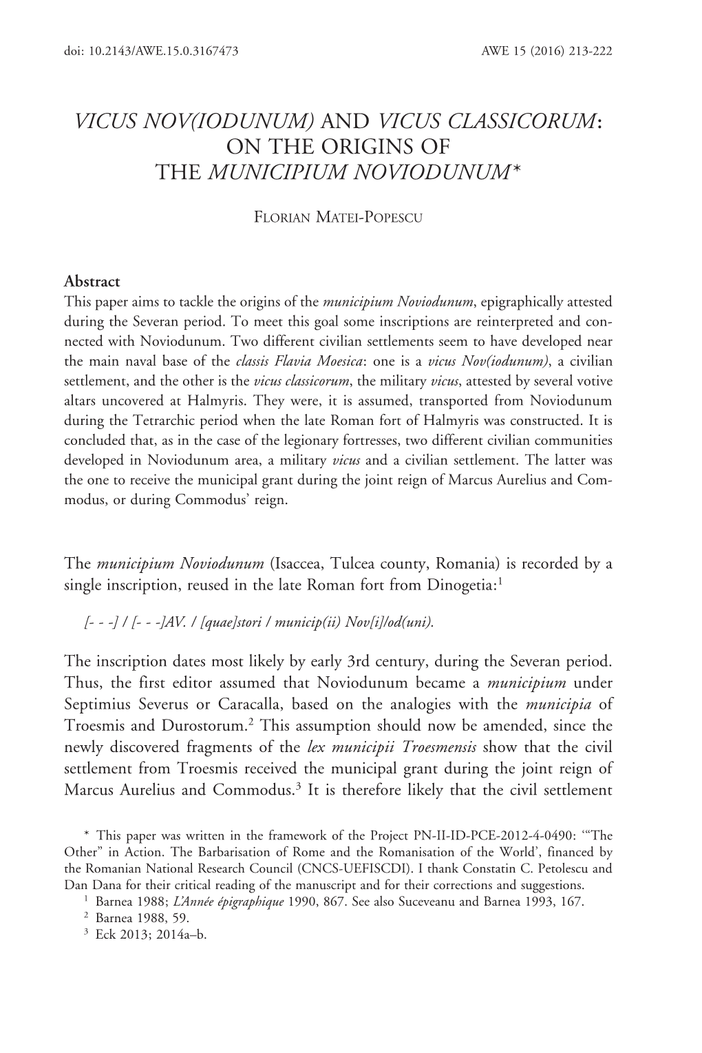 Vicus Nov(Iodunum) and Vicus Classicorum: on the Origins of the Municipium Noviodunum *