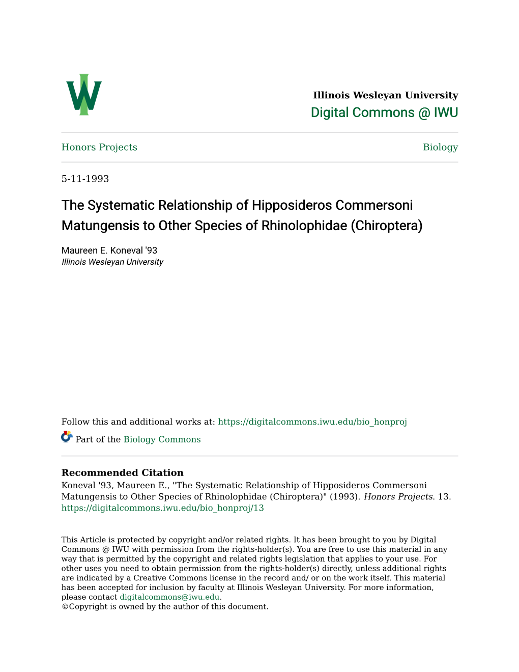 The Systematic Relationship of Hipposideros Commersoni Matungensis to Other Species of Rhinolophidae (Chiroptera)