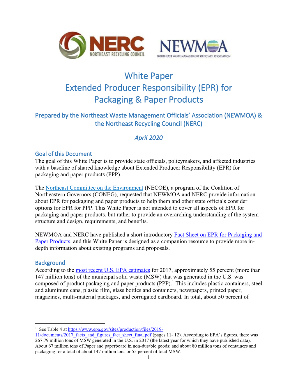 White Paper Extended Producer Responsibility (EPR) for Packaging & Paper Products