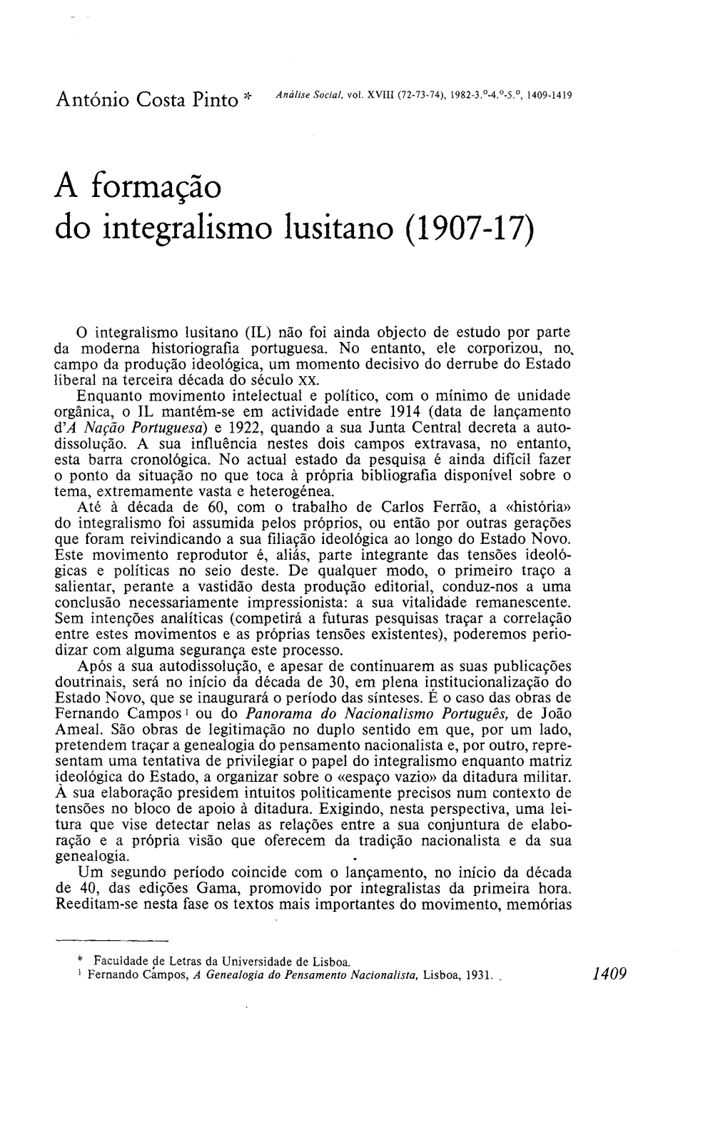 A Formação Do Integralismo Lusitano (1907-17)
