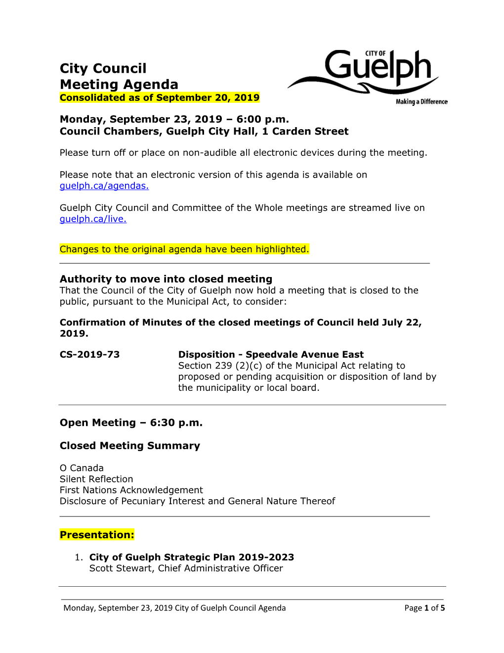 City Council Meeting Agenda Consolidated As of September 20, 2019