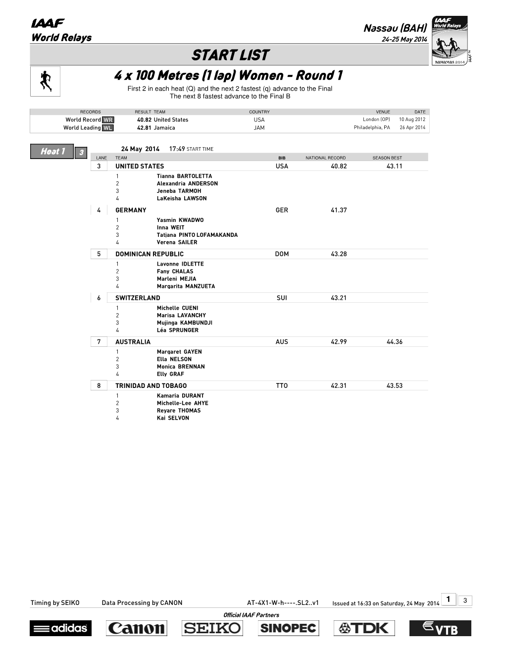 START LIST 4 X 100 Metres (1 Lap) Women - Round 1 First 2 in Each Heat (Q) and the Next 2 Fastest (Q) Advance to the Final the Next 8 Fastest Advance to the Final B