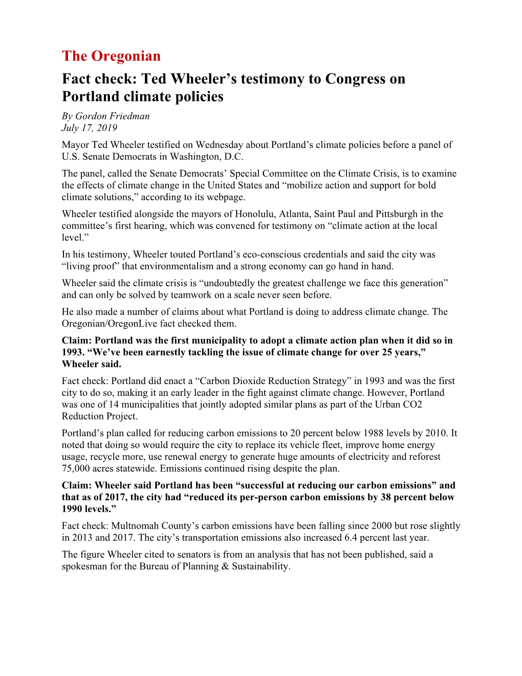 Ted Wheeler's Testimony to Congress on Portland Climate Policies