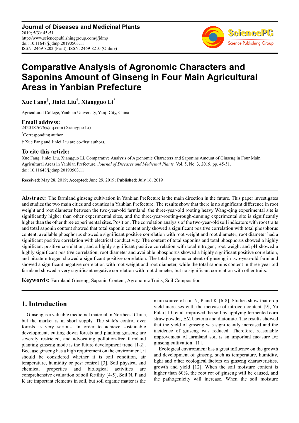 Comparative Analysis of Agronomic Characters and Saponins Amount of Ginseng in Four Main Agricultural Areas in Yanbian Prefecture