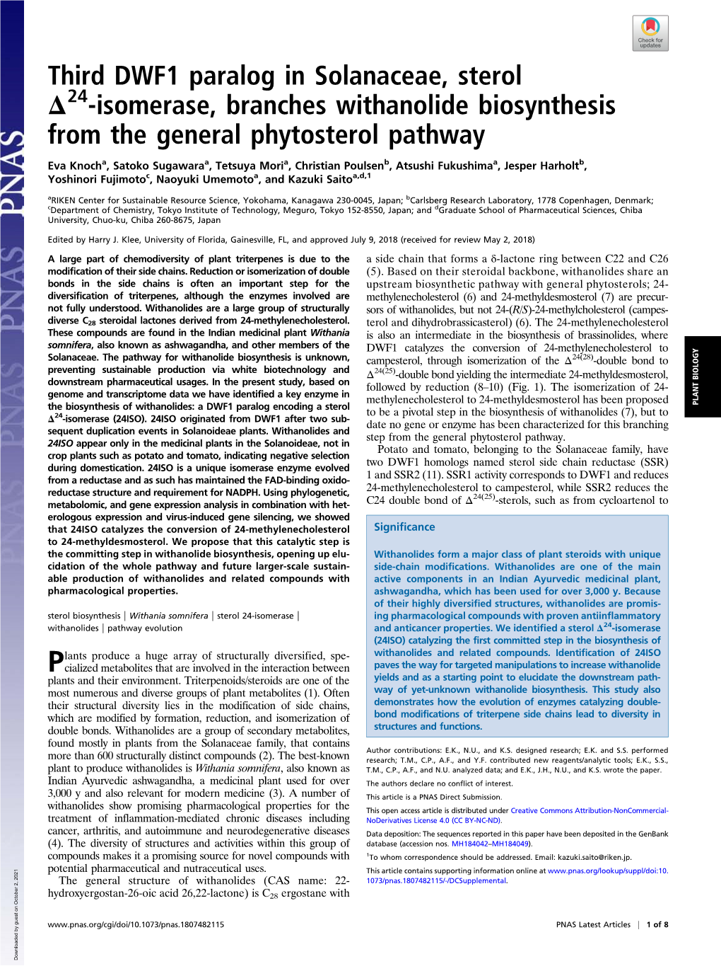 Third DWF1 Paralog in Solanaceae, Sterol Δ24-Isomerase, Branches Withanolide Biosynthesis from the General Phytosterol Pathway