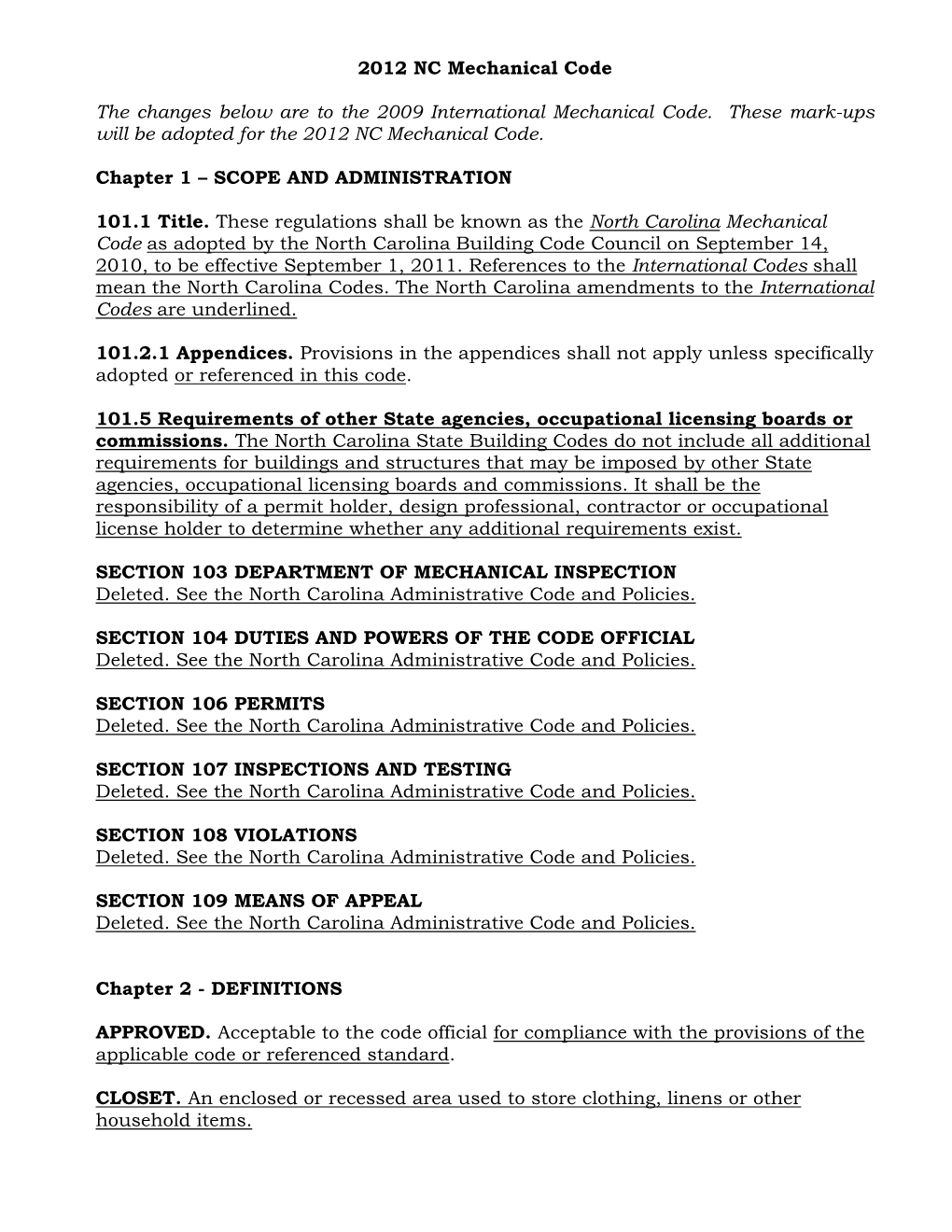 Mechanical Code – 2012 NC Amendments 100517