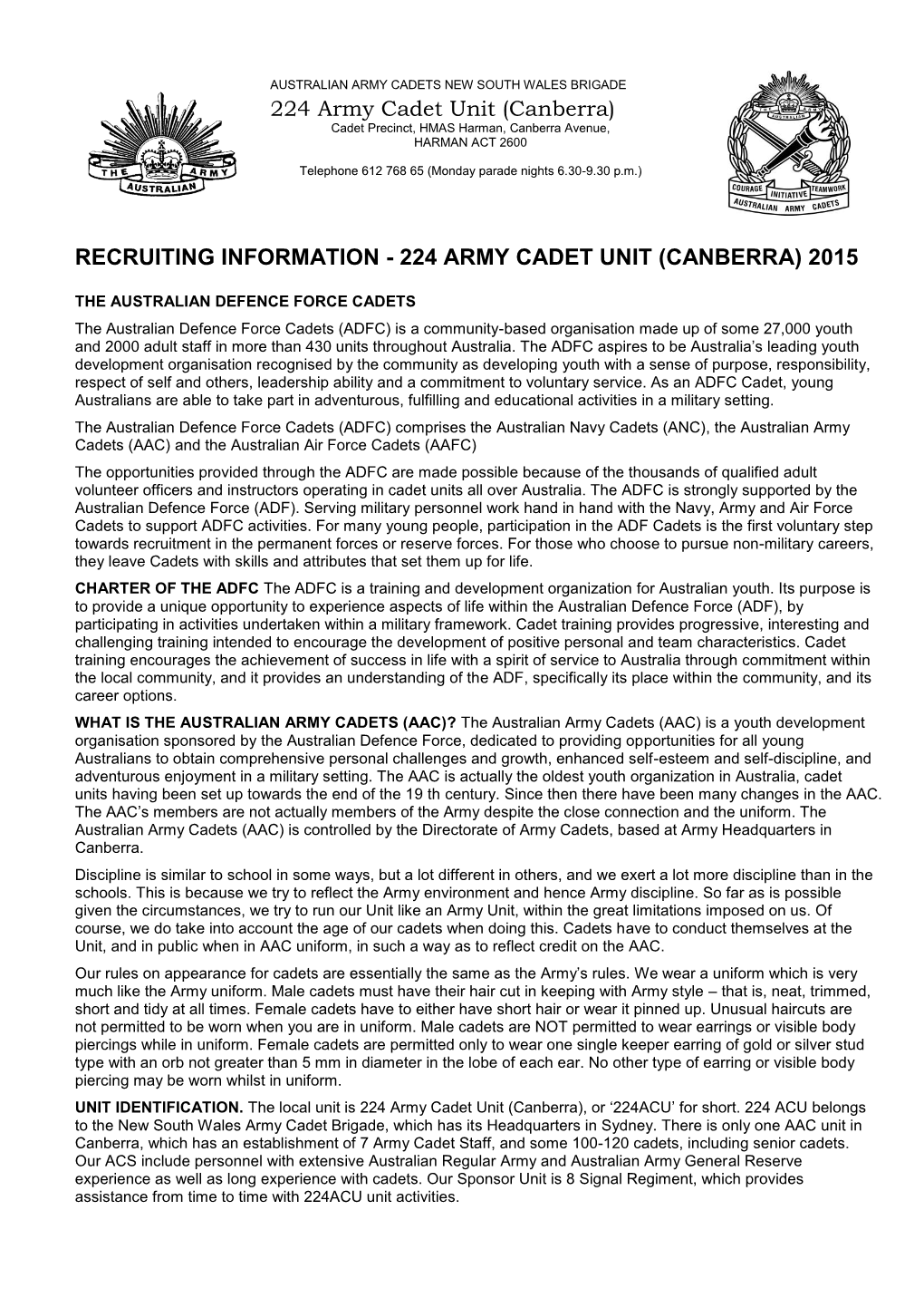 Recruiting Information - 224 Army Cadet Unit (Canberra) 2015