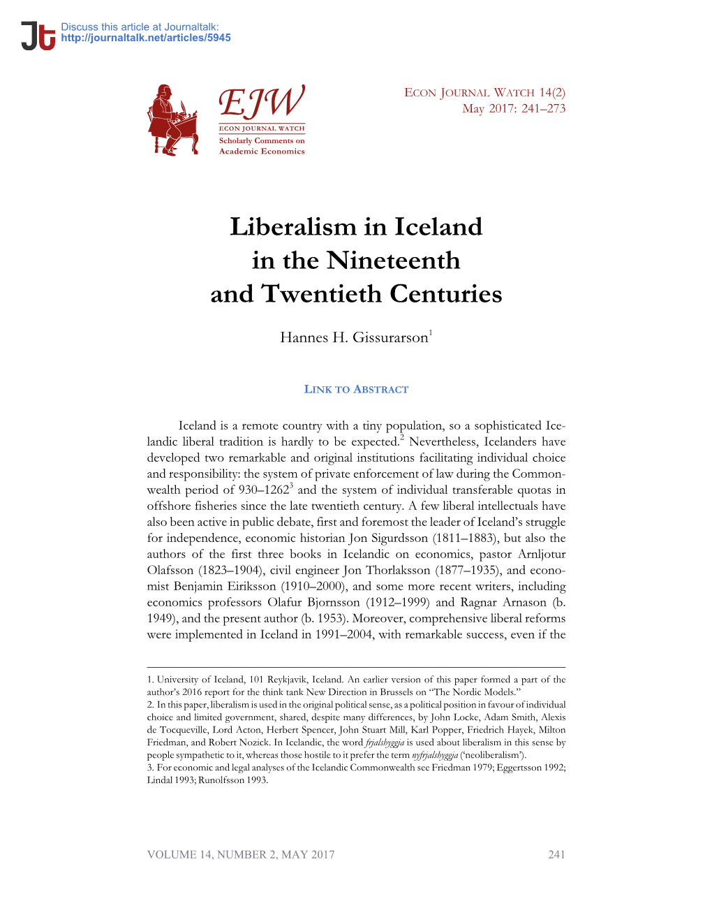 Liberalism in Iceland in the Nineteenth and Twentieth Centuries