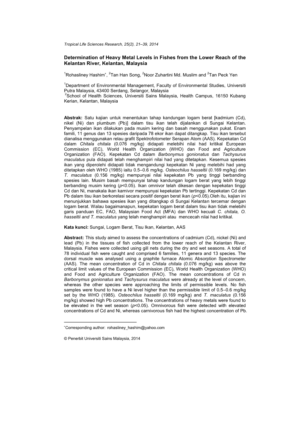 Determination of Heavy Metal Levels in Fish from Kelantan River, Kelantan