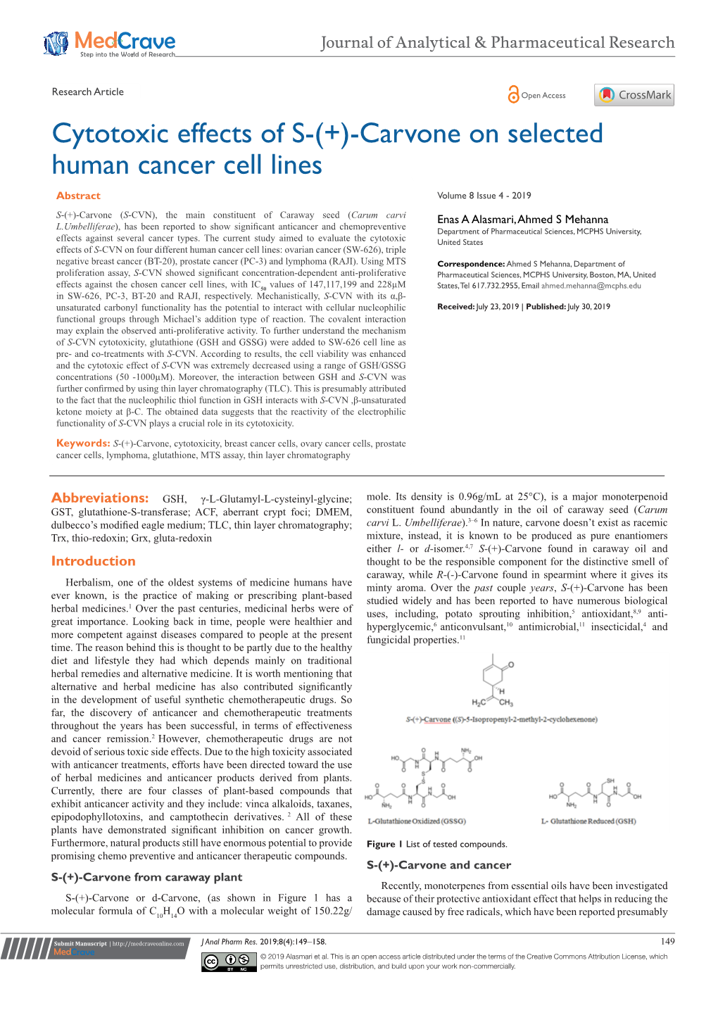 Cytotoxic Effects of S-(+)-Carvone on Selected Human Cancer Cell Lines