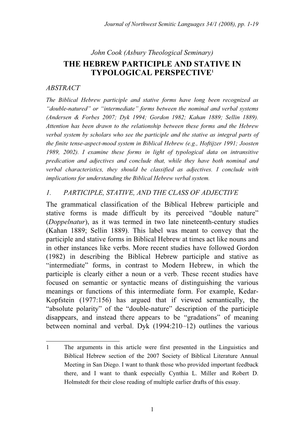 The Hebrew Participle and Stative in Typological Perspective1