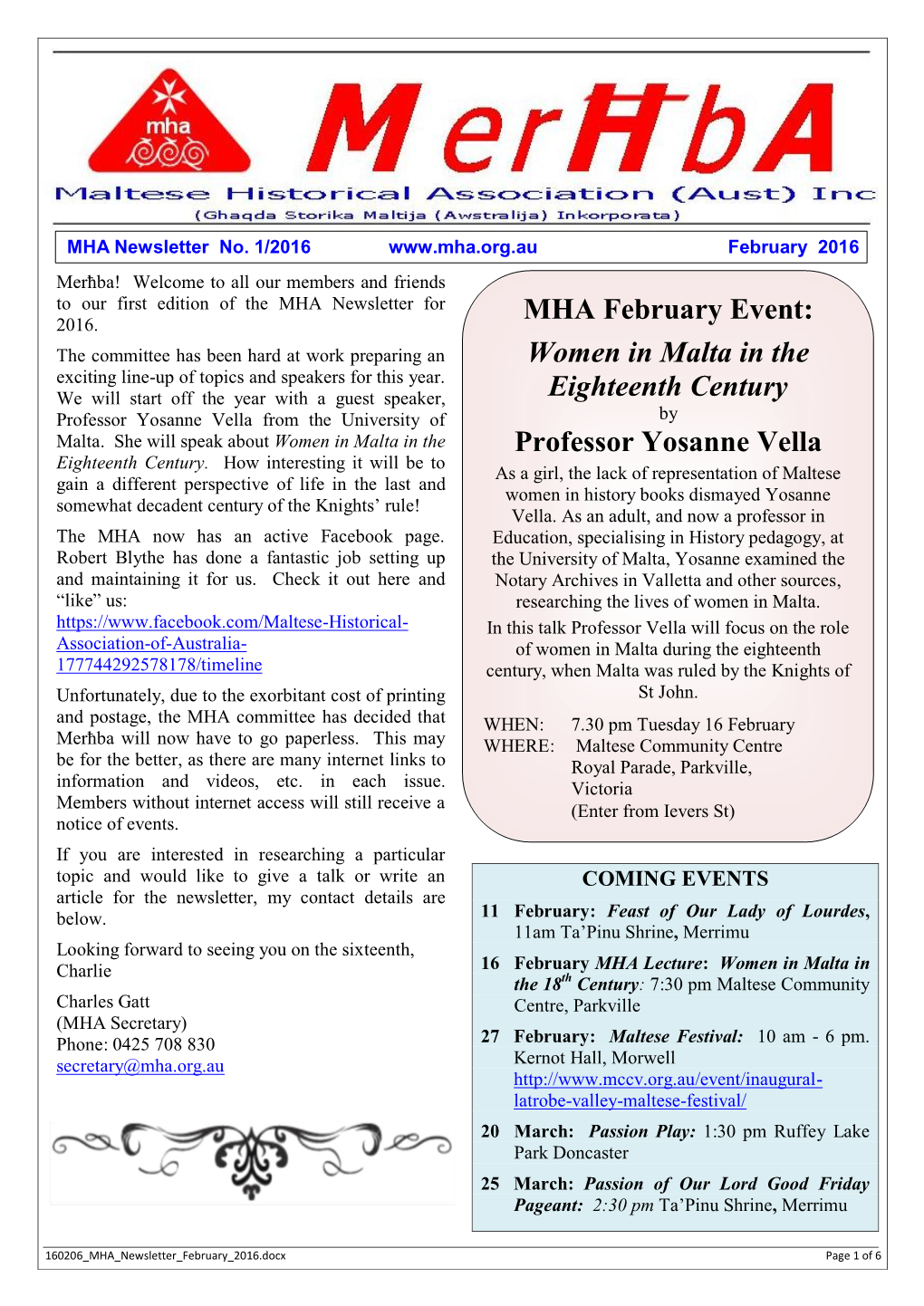MHA February Event: Women in Malta in the Eighteenth Century