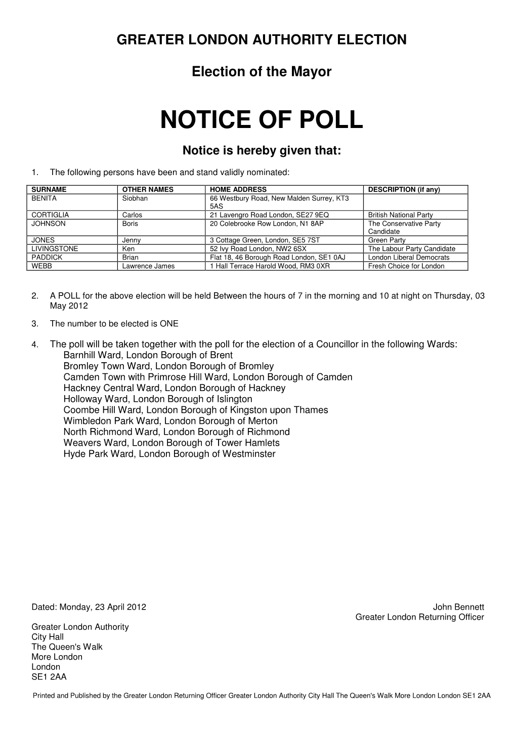 Mayoral Notice of Poll