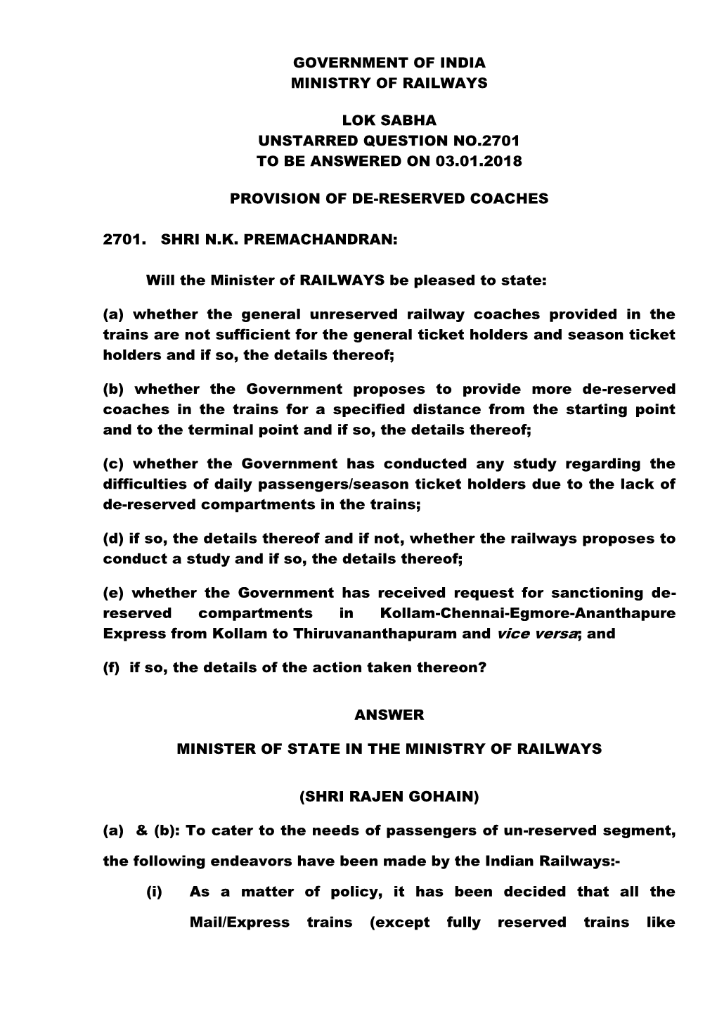 Government of India Ministry of Railways Lok Sabha