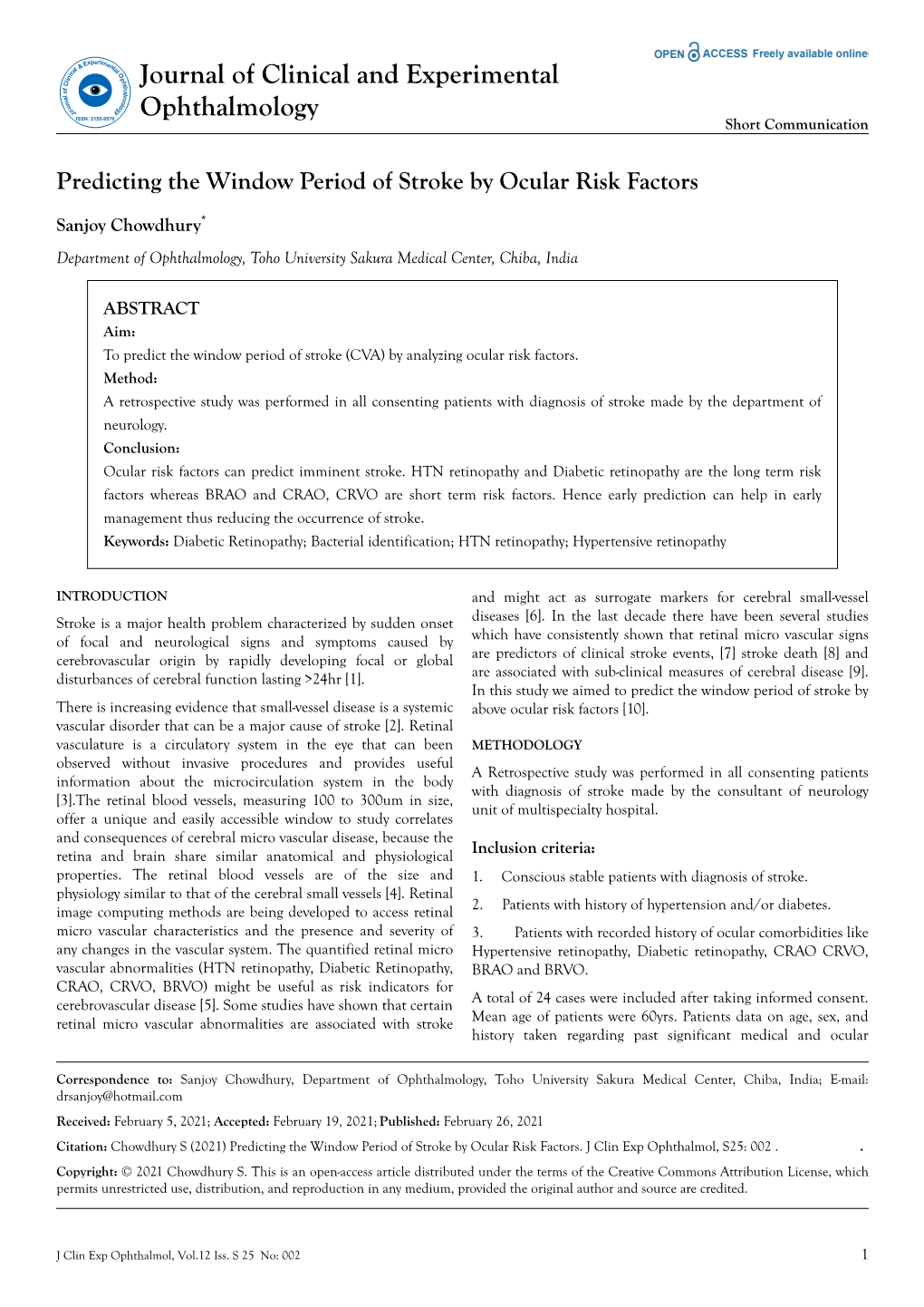 Predicting the Window Period of Stroke by Ocular Risk Factors