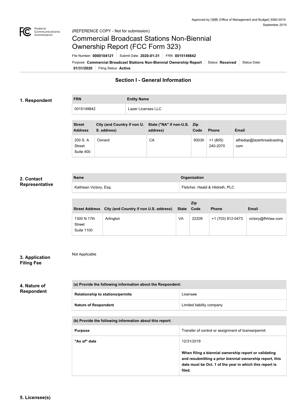 Commercial Broadcast Stations Non-Biennial Ownership Report (FCC Form 323)