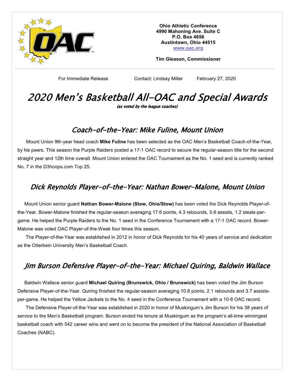 2020 Men's Basketball All-OAC and Special Awards