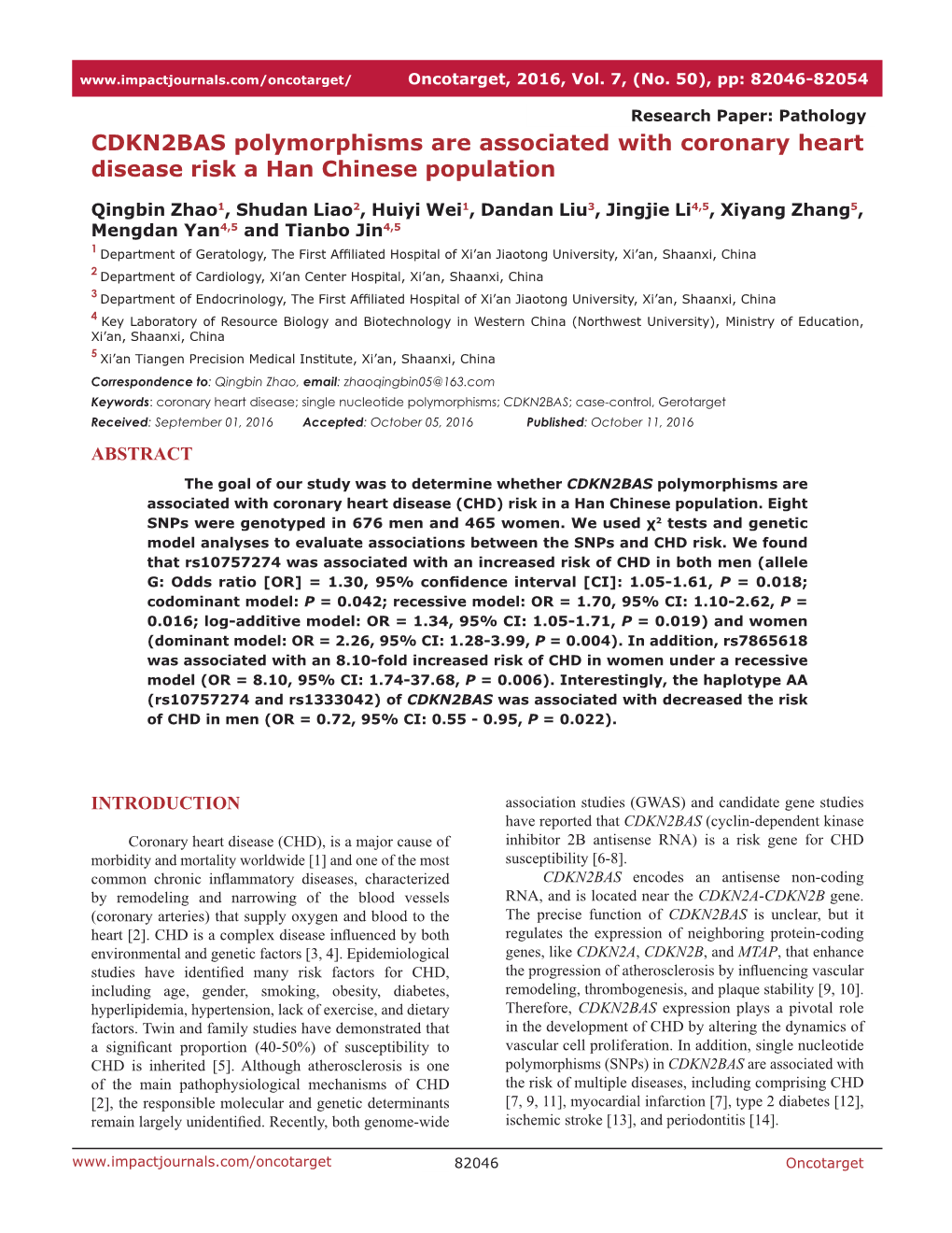 CDKN2BAS Polymorphisms Are Associated with Coronary Heart Disease Risk a Han Chinese Population